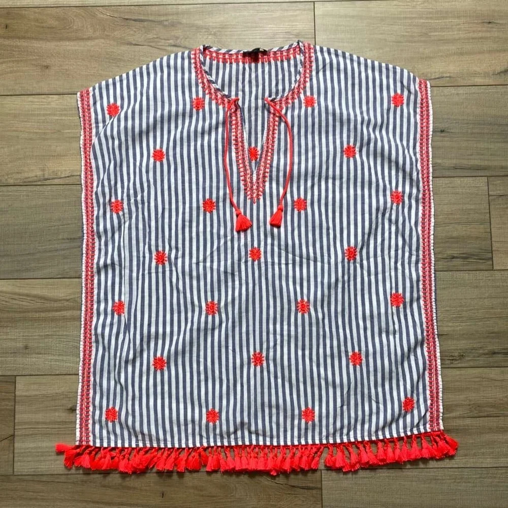 J. Crew Womens Striped Embroidered‎ Beach Tunic Size Small White Blue Coral